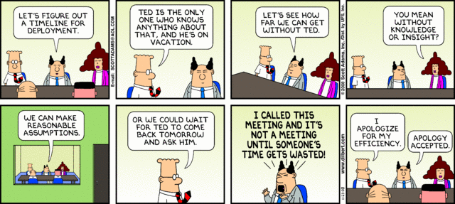 Dilbert comic strip about time wasted in meetings