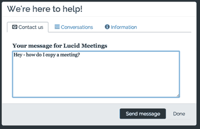 Screenshot of the message box seen when clicking Need help? in Lucid Meetings