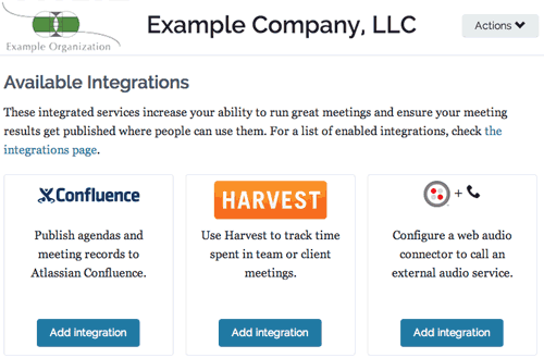 Screenshot showing Add Integrations page for an organization in Lucid Meetings