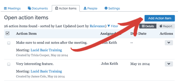 Screenshot showing button to add action items to a meeting room
