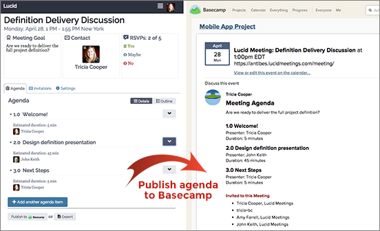 Screenshot: Lucid Meetings appear on the calendar with the agenda attached