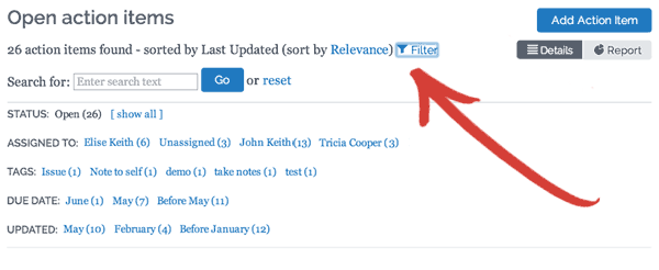 Screenshot showing action item filters, including to whom the items are assigned, due dates, and tags