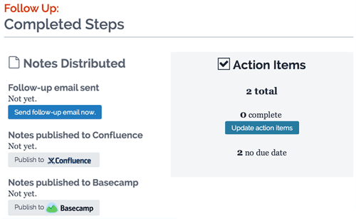 Screenshot showing follow up steps with send email complete, publish to Basecamp not done, and action items not complete