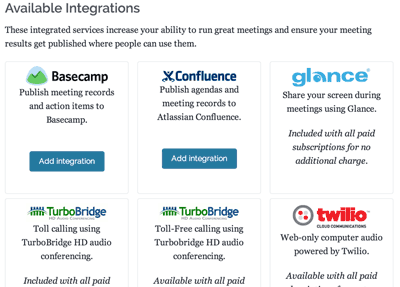 Screenshot: Adding available integrations to Lucid Meetings