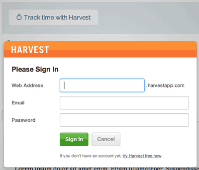 Screenshot showing Harvest login which requires a Harvest website address, registered email address, and password