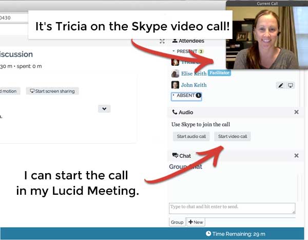 Screenshot showing Skype video call used in tandem with a Lucid Meeting