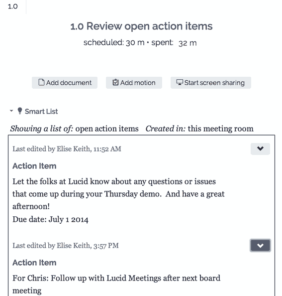 Screenshot showing action items pulled up automatically for review during a meeting