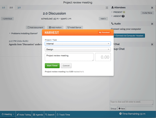 Screenshot showing Harvest Start Timer button in a meeting and the Harvest timer window